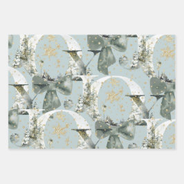 Joy Winter Forest Font Green Bow Gold Snow Inpakpapier Vel