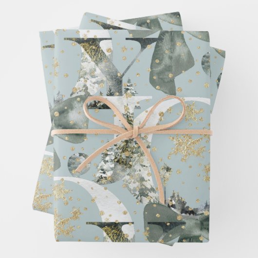 Joy Winter Forest Font Green Bow Gold Snow Inpakpapier Vel (In situ)