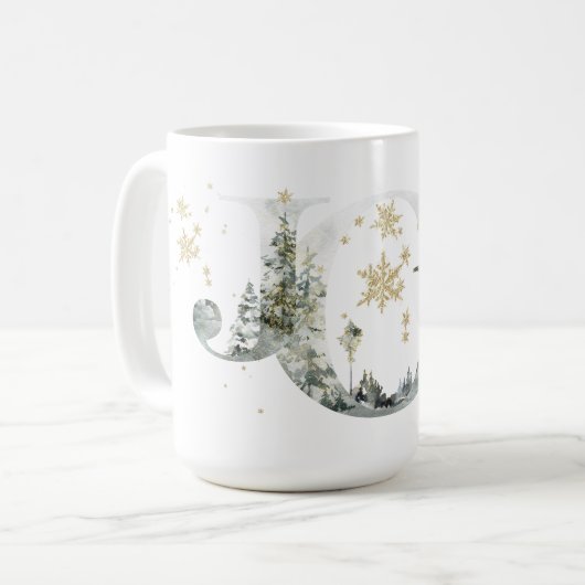 Joy Winter Forest Lettering Gold Snowflakes Koffiemok (Voorkant links)