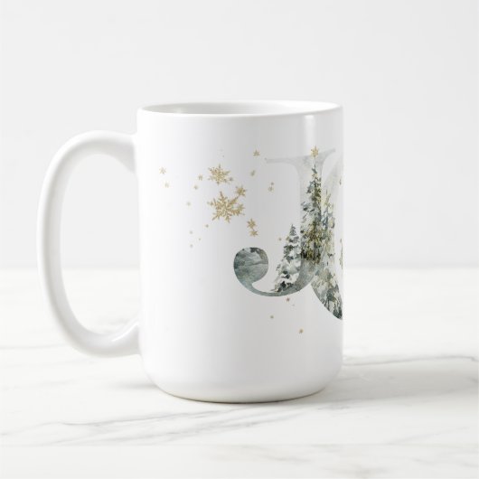Joy Winter Forest Lettering Gold Snowflakes Koffiemok (Links)