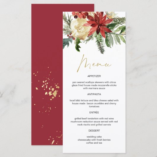 JOY Winter Poinsettia Floral Gold Menu Cards (Voorkant / Achterkant)