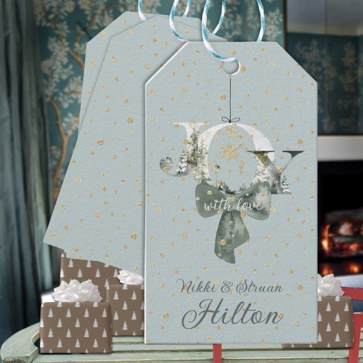 Joy Winter Woodland Forest Lettering Gold Snow Cadeaulabel