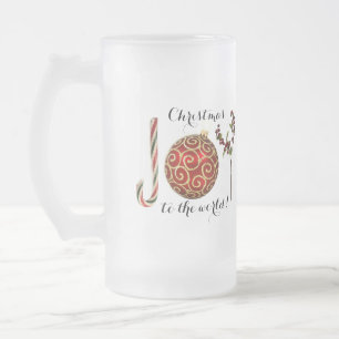 Joy word art candy cane ornament and holly matglas bierpul