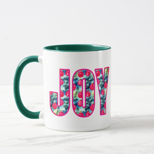 JOY Word Art in Fuchsia Roze en Blauwgroen Mok (Links)