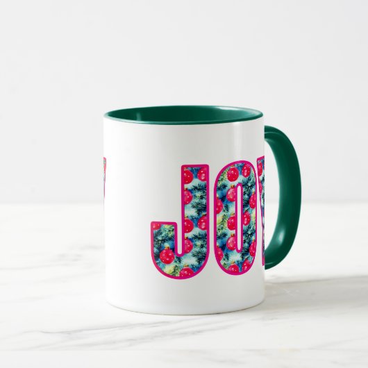 JOY Word Art in Fuchsia Roze en Blauwgroen Mok (Voorkant rechts)