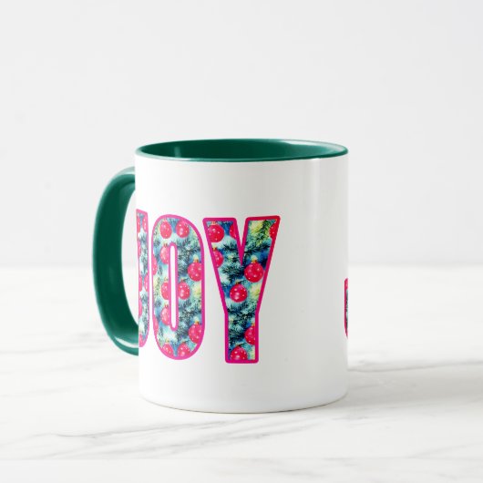 JOY Word Art in Fuchsia Roze en Blauwgroen Mok (Voorkant links)