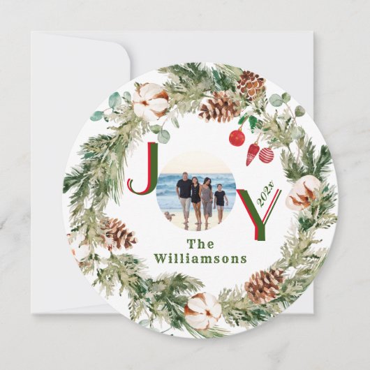 JOY Wreate Green Red Letters Foto Kerstmis Feestdagenkaart (Voorkant)