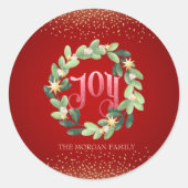 Joy, Wreath Kerstmis Ronde Sticker (Voorkant)