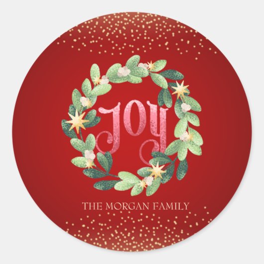 Joy, Wreath Kerstmis Ronde Sticker (Voorkant)