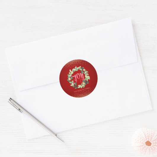 Joy, Wreath Kerstmis Ronde Sticker (Envelop)
