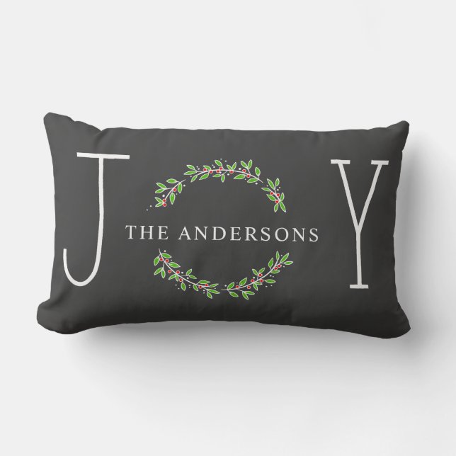 Joy Wreath Modern Monogram Kerstfeestdag Kussen (Voorkant)