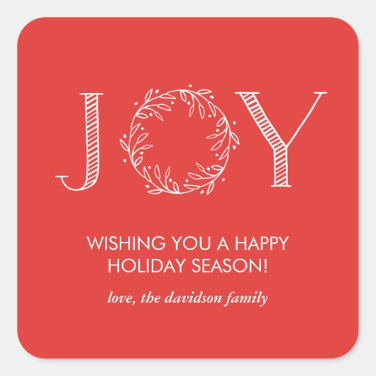 Joy Wreath Rode Typografie Gepersonaliseerde Stick Vierkante Sticker (Voorkant)