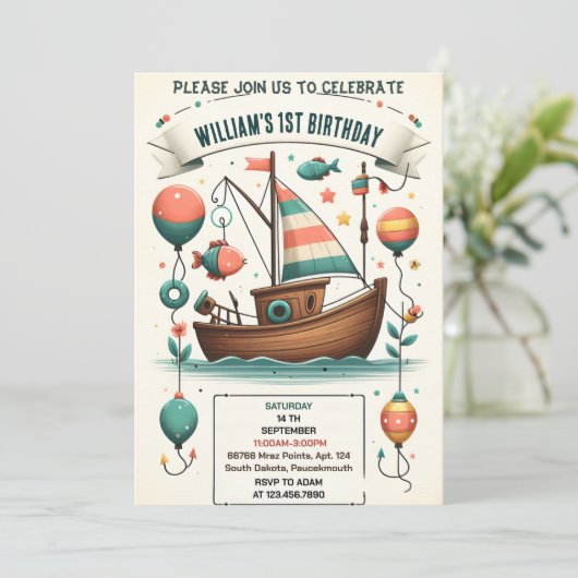 joyboot schattige jongen vis ofishally een 1e verj kaart (Staand voorkant)