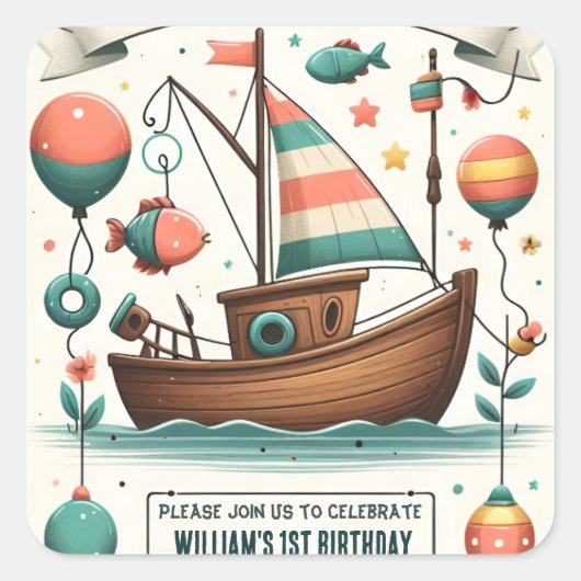 joyboot schattige jongen vis ofishally een 1e verj vierkante sticker (Voorkant)