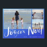 Joyeaux Noel Beach serie Fotokerstkaart Feestdagenkaart<br><div class="desc">Joyeux Noel French Kerstmis wenskaart in een blauw ombre strand - geïnspireerd op drie foto's. Gepersonaliseerd met drie van je foto's en je familienaam. Deze strandkerstkaart keert terug naar een blauw oranje en witte nautische streep op de rug.</div>