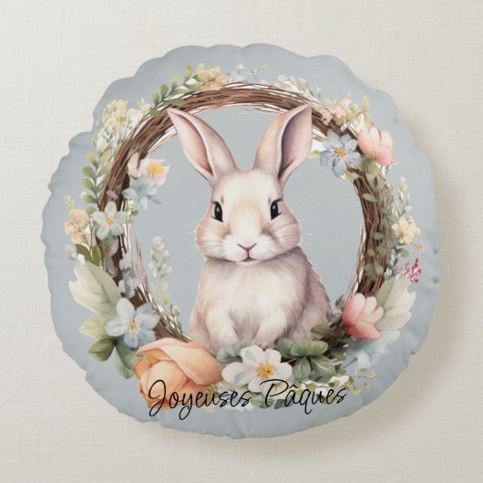 Joyeuses Pâques paashaas in een bloemenkrans Rond Kussen (Voorkant)