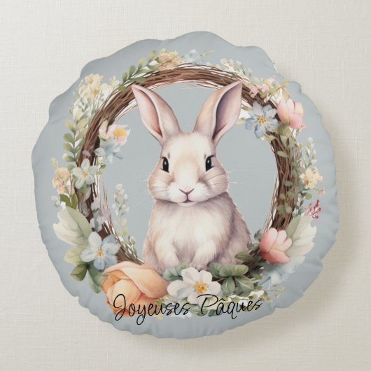 Joyeuses Pâques paashaas in een bloemenkrans Rond Kussen (Achterkant)