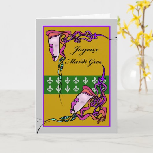 Joyeux Mardi Gras, Franse Mardi Gras, maskers Kaart (Gele Bloem)