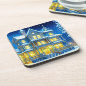 Joyeux Noël  Blauw Kersthuis Bier Onderzetter (Linkerzijde)