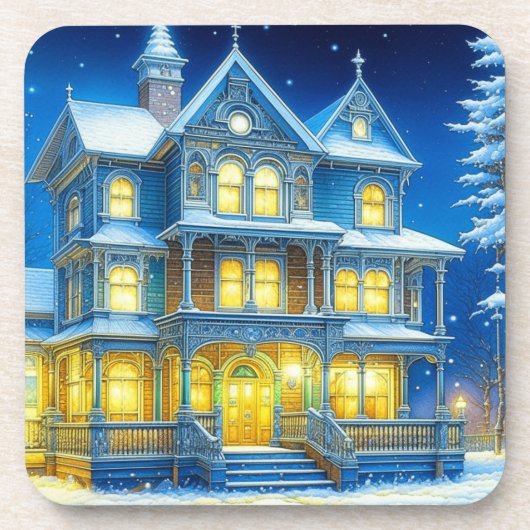 Joyeux Noël  Blauw Kersthuis Bier Onderzetter (Voorkant)