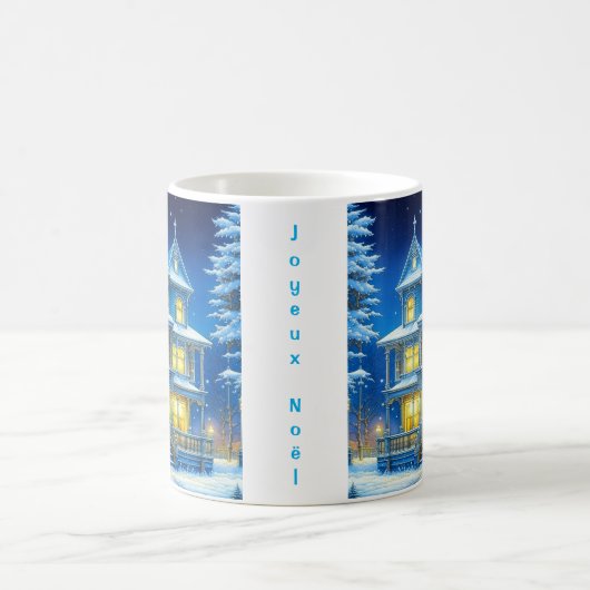 Joyeux Noël Blauw Kersthuis Koffiemok (Center)