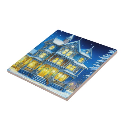 Joyeux Noël Blauw Kersthuis Tegeltje (Zijkant)