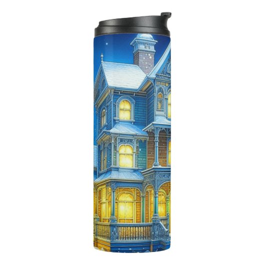 Joyeux Noël  Blauw Kersthuis Thermosbeker (Gedraaid links)