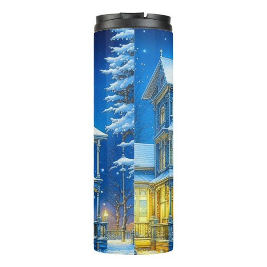 Joyeux Noël  Blauw Kersthuis Thermosbeker (Achterkant)