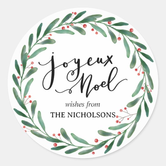 Joyeux Noel Eenvoudig Casual Script | Krans Ronde Sticker (Voorkant)