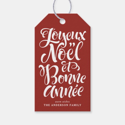 Joyeux Noël en Bonne Année Kalligrafie Rood Cadeaulabel (Voorkant)