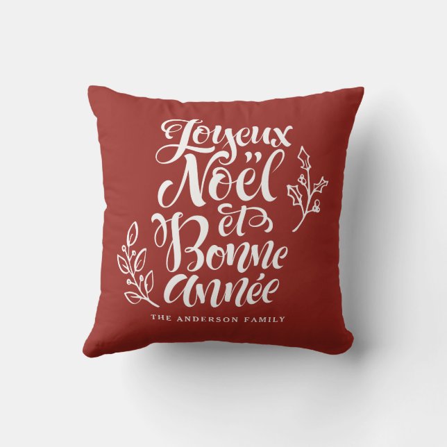Joyeux Noël et Bonne Année Modern Script Rood Kussen (Achterkant)