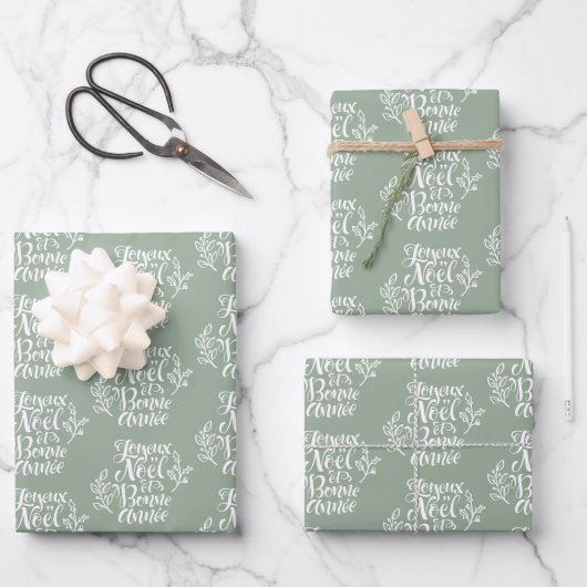 Joyeux Noël et Bonne Année Sage Green Christmas Inpakpapier Vel (Voorkant)