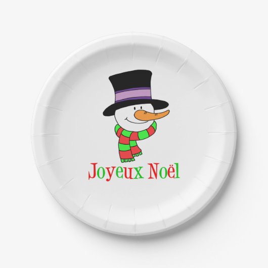 Joyeux Noel Franse Cartoon Snowman Kerstmis Papieren Bordje (Voorkant)