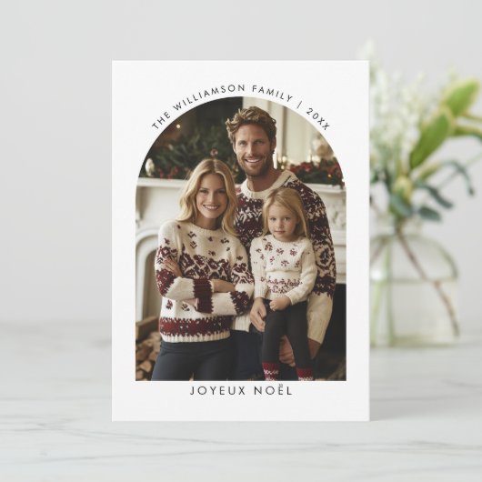 Joyeux Noël Franse Kerstgroeten Boog Foto Feestdagenkaart (Staand voorkant)