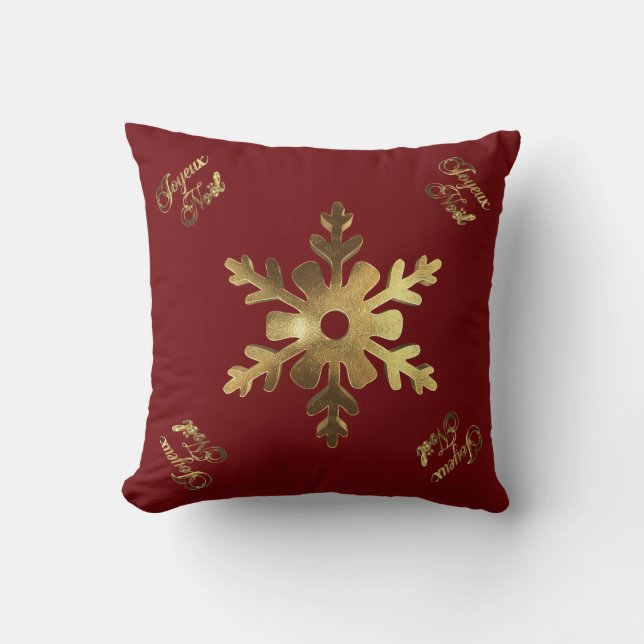 Joyeux Noel French Snowflake Red Gold Kerstmis Kussen (Voorkant)