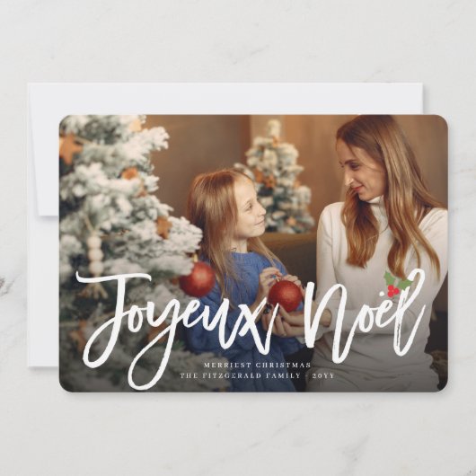 Joyeux Noel Geborsteld Script Modern Kerstmis Foto Feestdagenkaart (Voorkant)