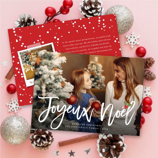 Joyeux Noel Geborsteld Script Modern Kerstmis Foto Feestdagenkaart