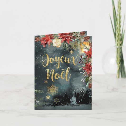 Joyeux Noel Gold Calligraphy Woodland Floral Holid Feestdagen Kaart (Voorkant)
