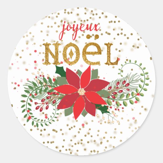 Joyeux Noel Gold Glitter Poinsettia Ronde Sticker (Voorkant)