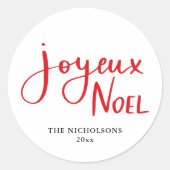 Joyeux Noel handgeschreven rood script Ronde Sticker (Voorkant)