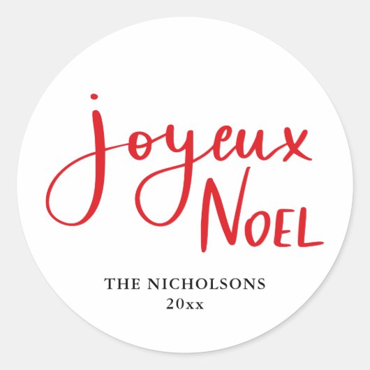 Joyeux Noel handgeschreven rood script Ronde Sticker (Voorkant)