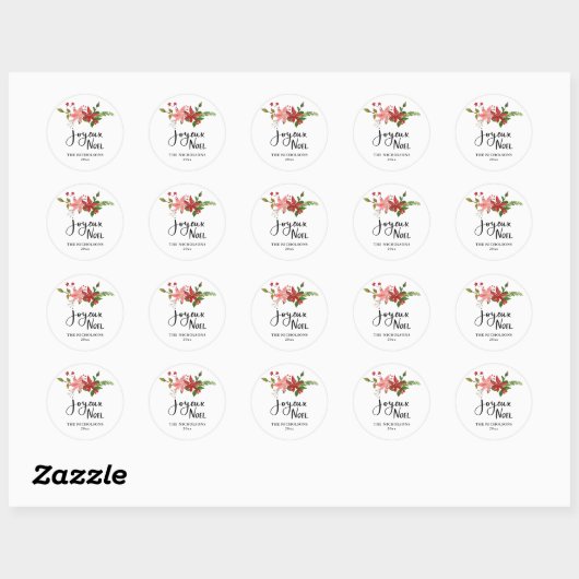 Joyeux Noel Handgeschreven Script Poinsettia Ronde Sticker (Vel)