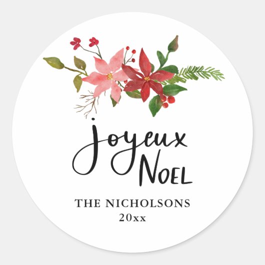 Joyeux Noel Handgeschreven Script Poinsettia Ronde Sticker