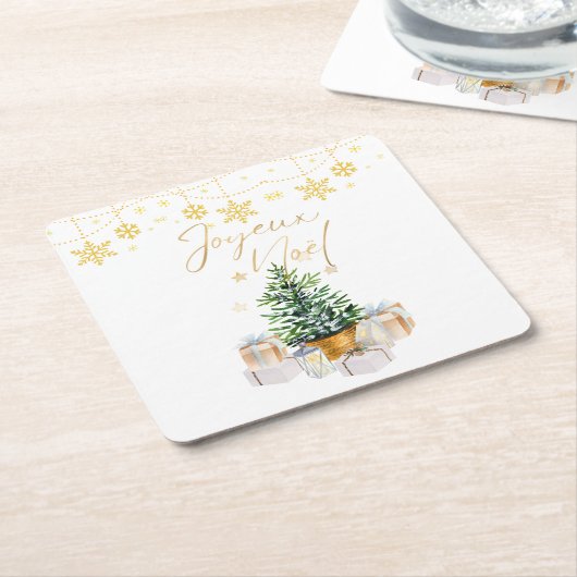 Joyeux Noel Kerstboom Gouden Sneeuwvlokken Kartonnen Onderzetters (Schuin)