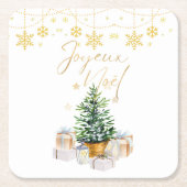 Joyeux Noel Kerstboom Gouden Sneeuwvlokken Kartonnen Onderzetters (Voorkant)