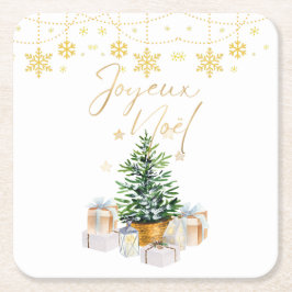 Joyeux Noel Kerstboom Gouden Sneeuwvlokken Kartonnen Onderzetters