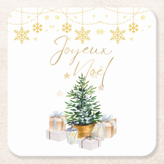 Joyeux Noel Kerstboom Gouden Sneeuwvlokken Kartonnen Onderzetters (Voorkant)