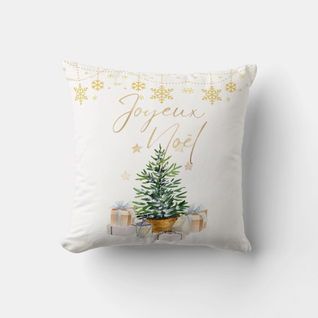 Joyeux Noel Kerstboom Gouden Sneeuwvlokken Kussen (Voorkant)
