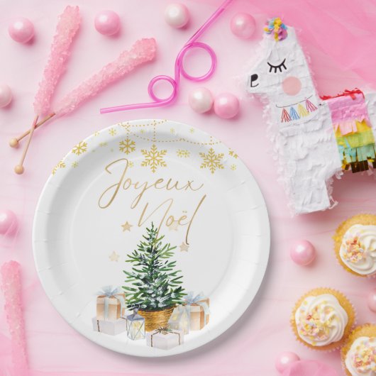 Joyeux Noel Kerstboom Gouden Sneeuwvlokken Papieren Bordje (Feest)