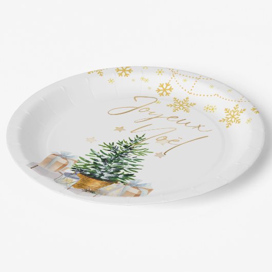 Joyeux Noel Kerstboom Gouden Sneeuwvlokken Papieren Bordje (Gekanteld)